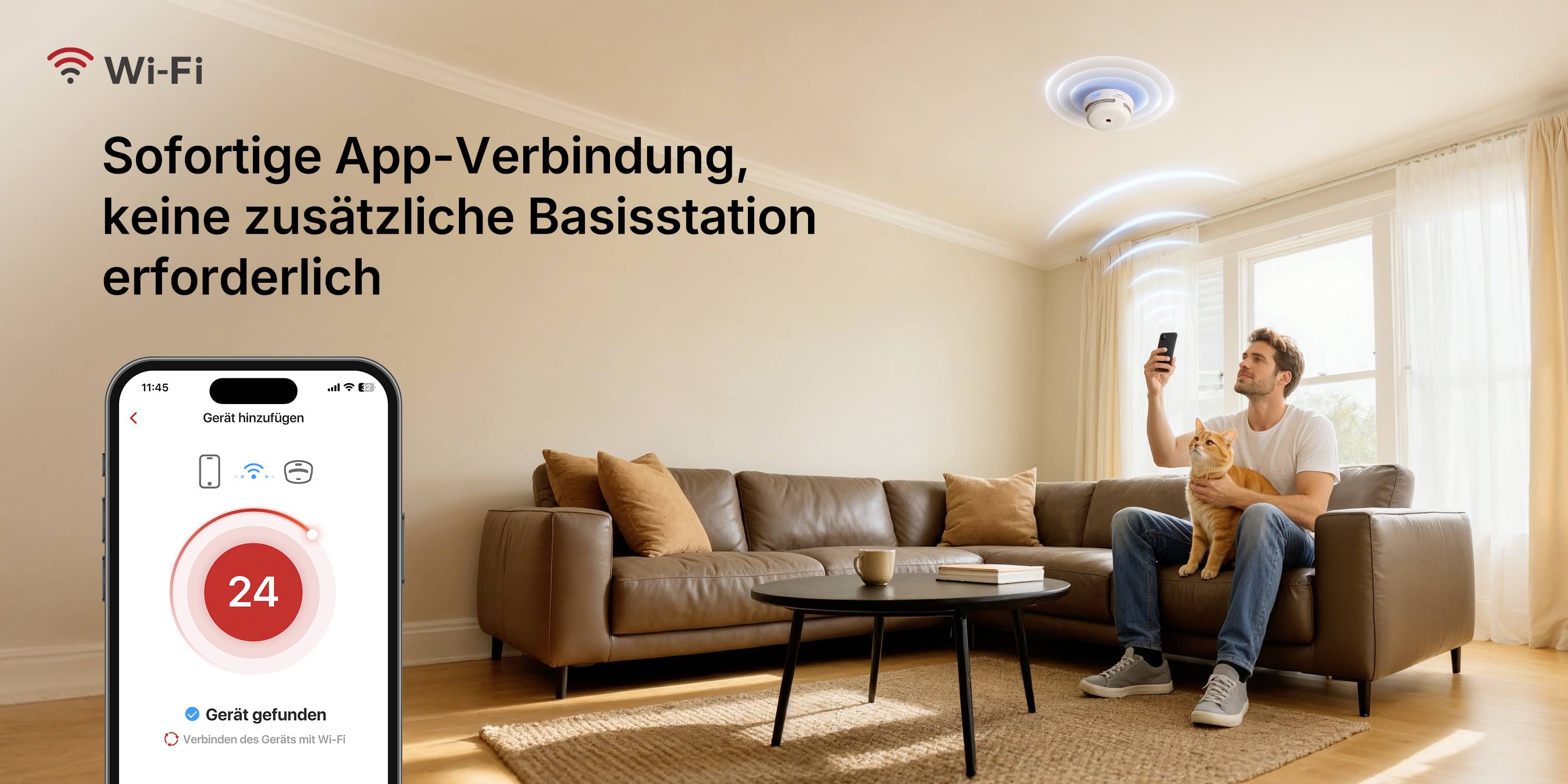 A man sits on the sofa with a cat and points his smartphone at a smoke detector. Text: 'Instant app connection, no additional base station required.'