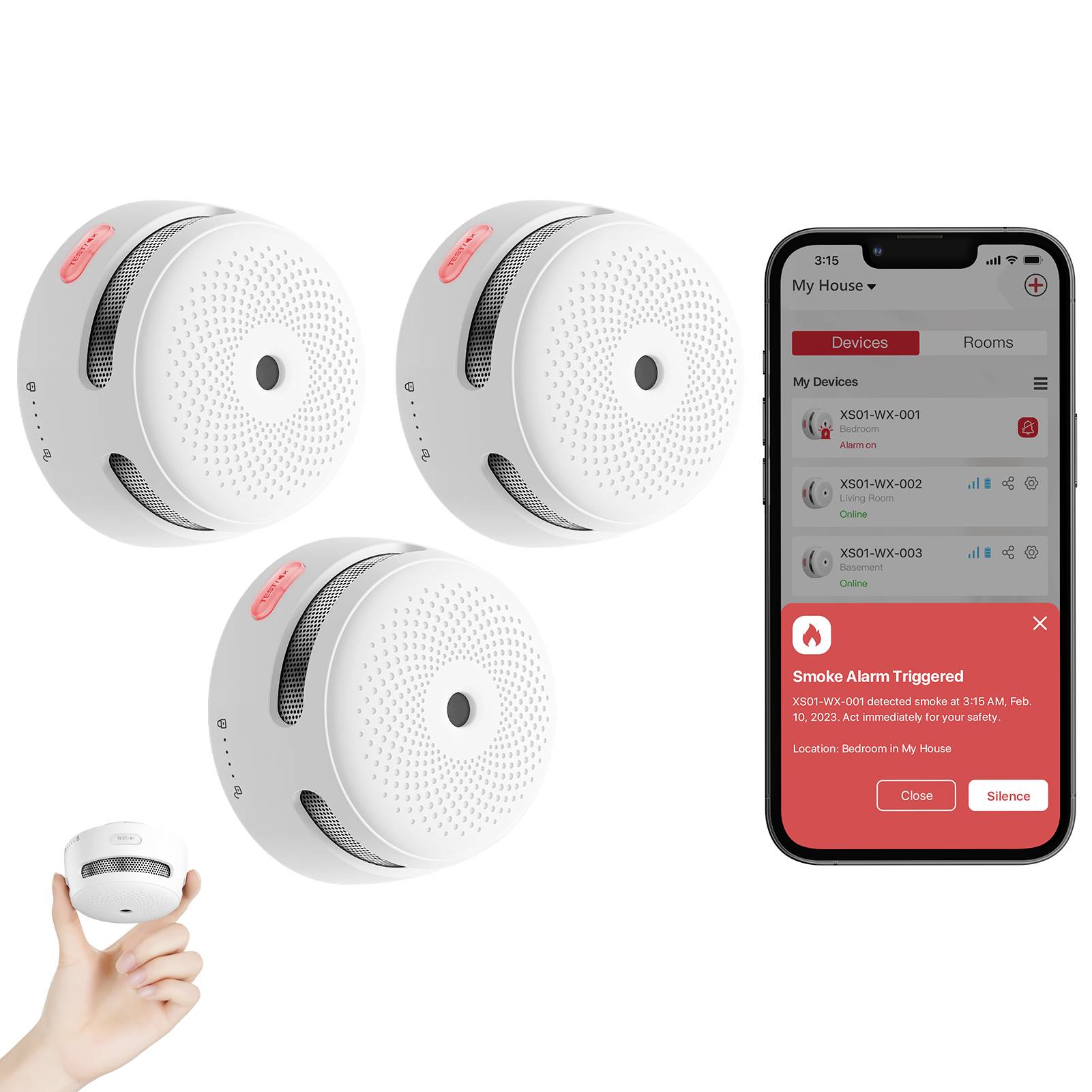 Three white smoke detectors with red buttons on the left; a smartphone on the right shows 'Smoke Alarm Triggered' notification.