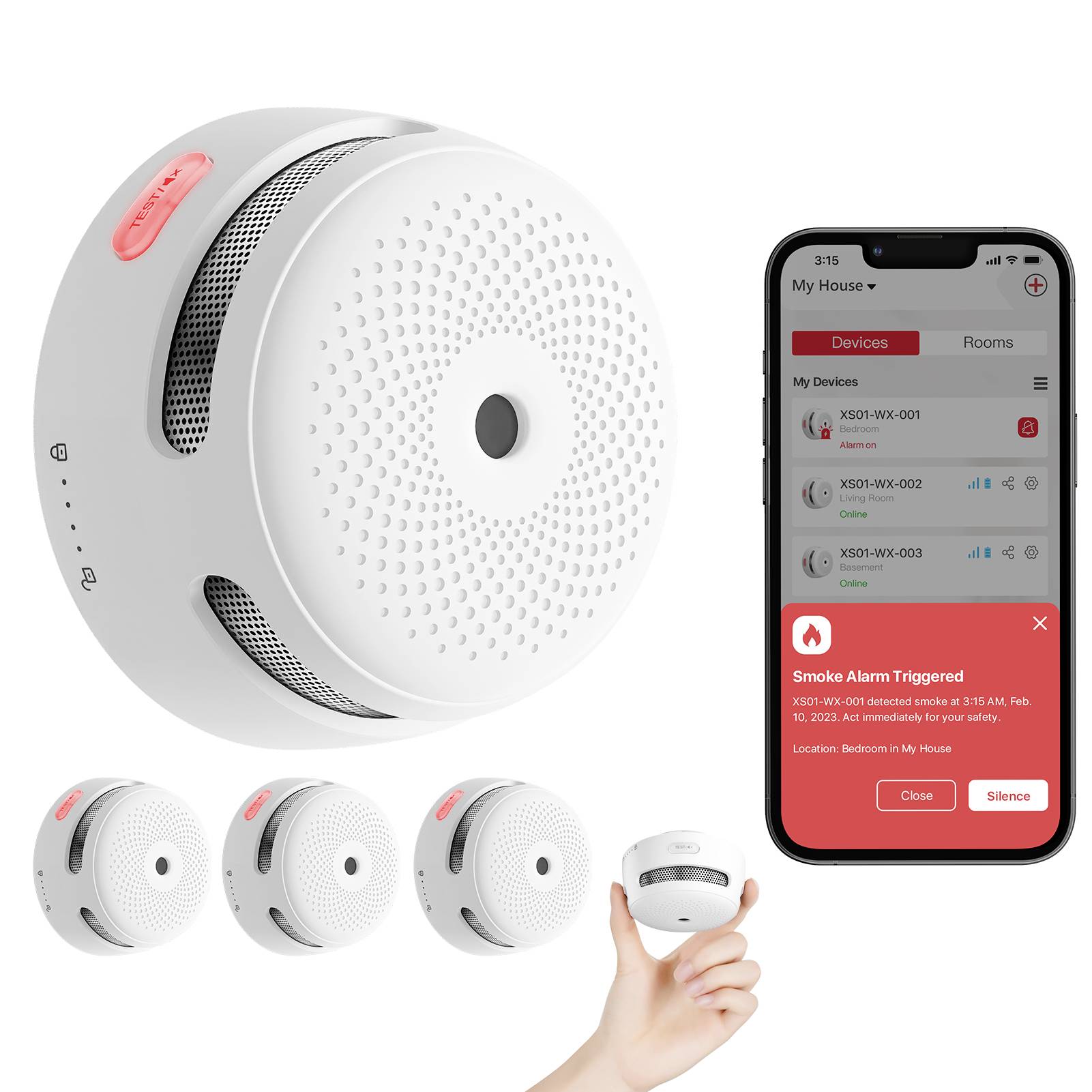 A smart smoke detector with an app interface showing real-time alerts, including one for smoke detected in the bedroom. Hand holding detector.