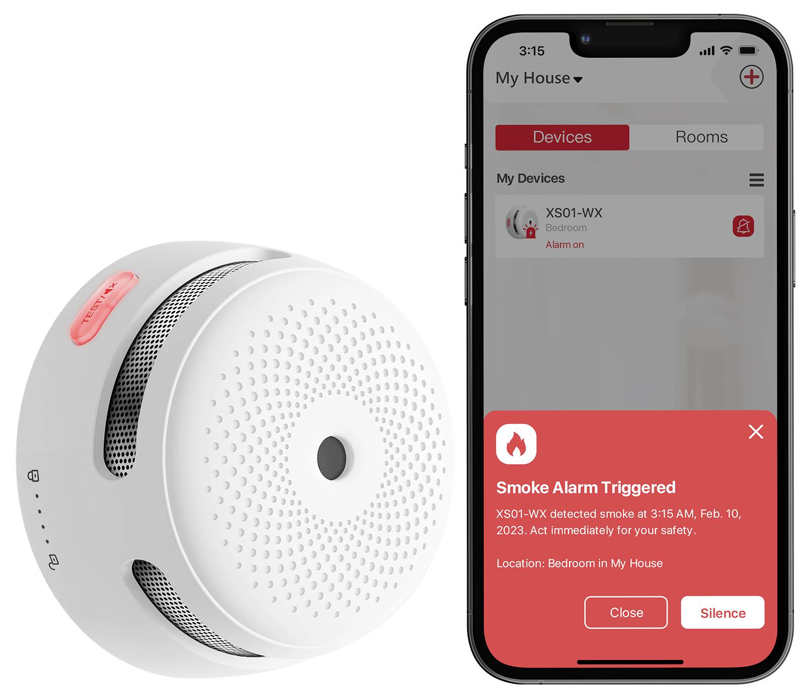 A smartphone displaying a smoke alarm notification reads 'Smoke Alarm Triggered at 3:15 AM, Feb. 10, 2023. Act immediately for your safety.' A smoke detector is shown beside it.
