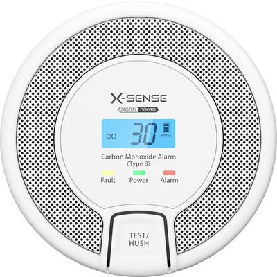 Carbon monoxide alarm displaying '30 ppm' on a screen, with indicators for fault, power, and alarm. Test button below.