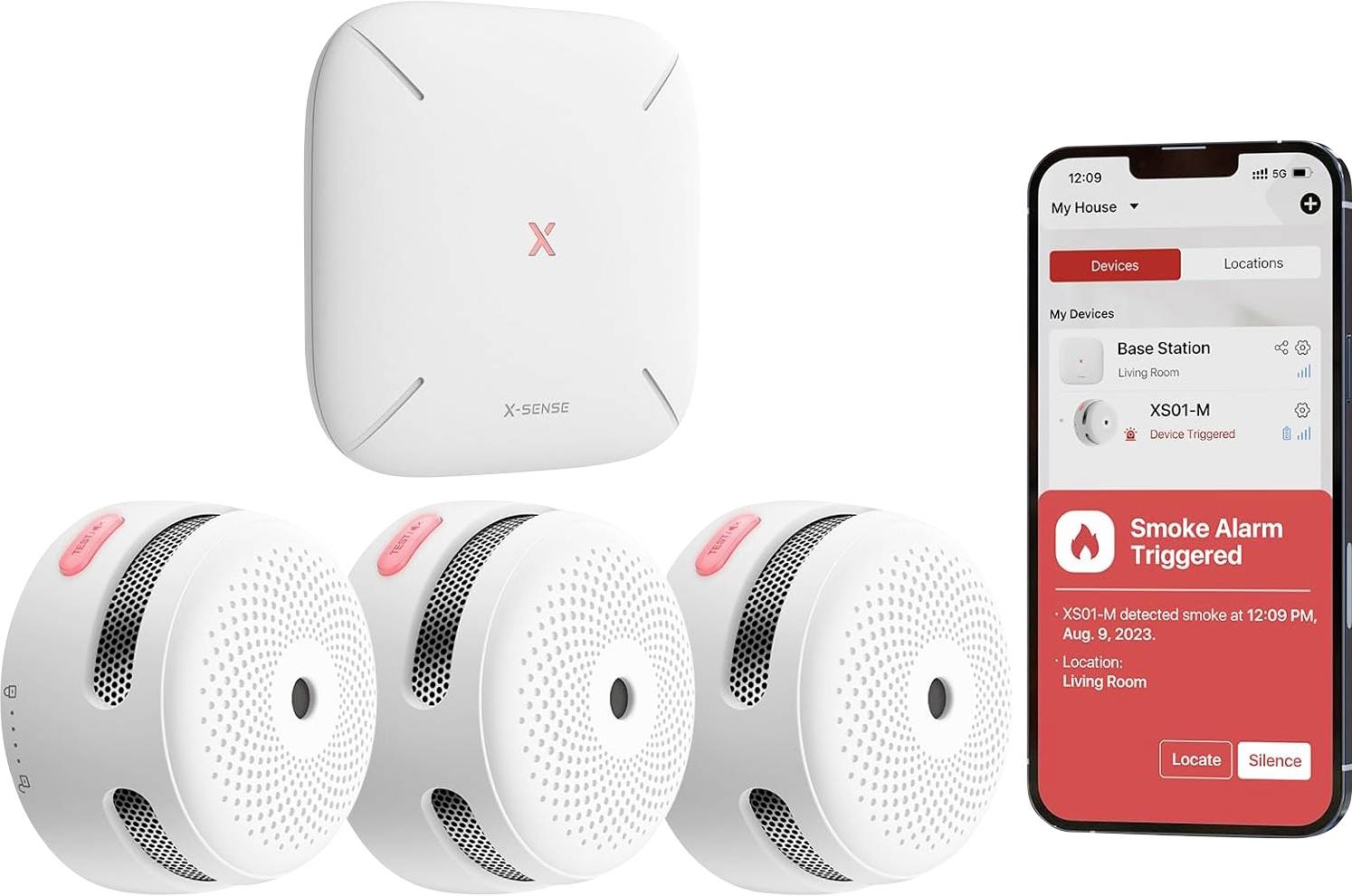 Smoke detector system shown with three round devices, a square base station, and a smartphone app interface indicating 'Smoke Alarm Triggered'.