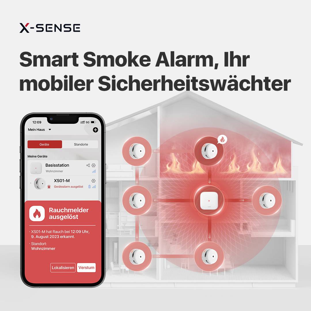 The image shows a smartphone with a notification about a triggered smoke alarm and a house model with smoke detectors.