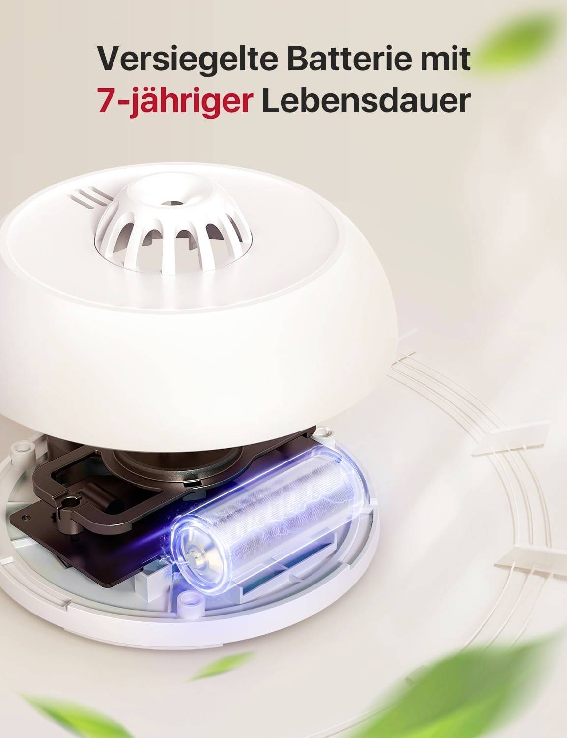 A smoke detector with a removed cover shows a sealed battery. Text: 'Sealed battery with 7-year lifespan'.