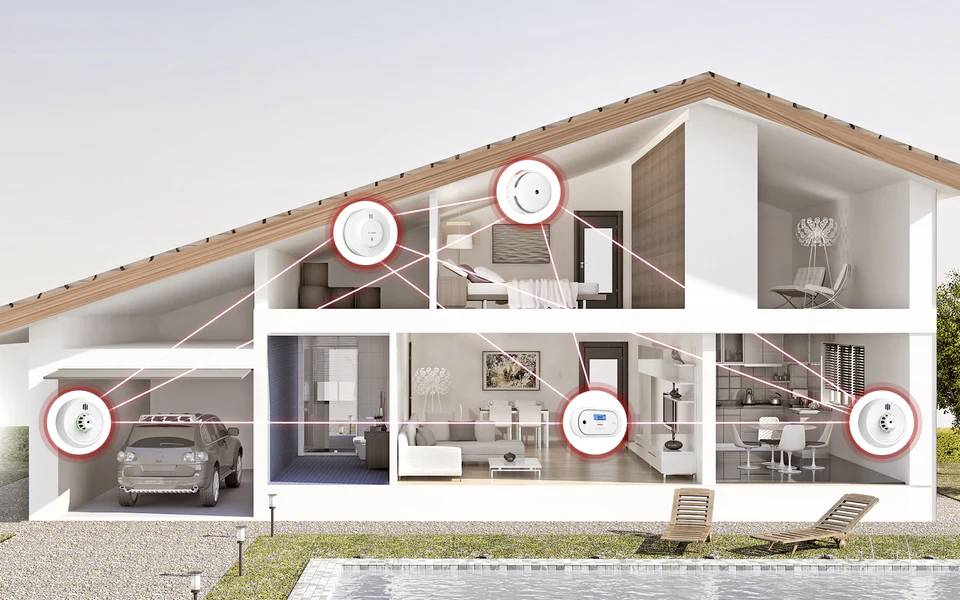 Cutaway view of a house showcasing smart home devices connected via a network. Devices are highlighted in various rooms, including garage, living room, and bedrooms, illustrating home automation functionality.