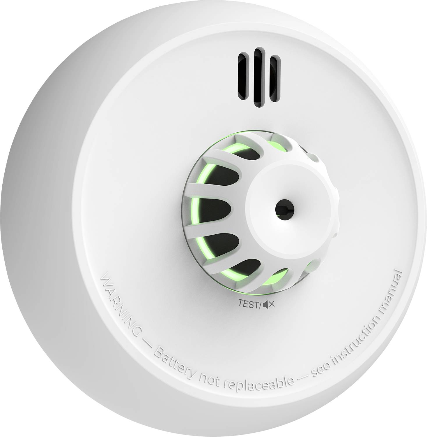 Smoke detector with a test button and green light indicator. Warning text notes battery is not replaceable and refers to manual.