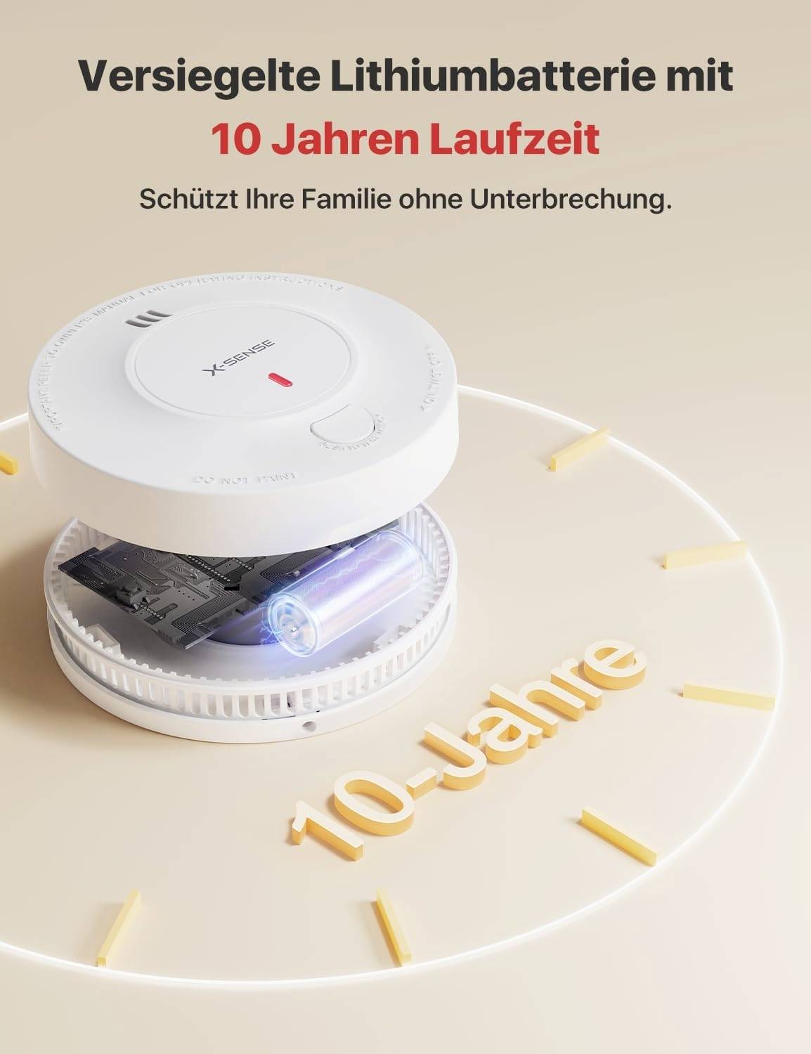 Smoke detector with sealed lithium battery, 10-year lifespan. Text: 'Protects your family without interruption'.