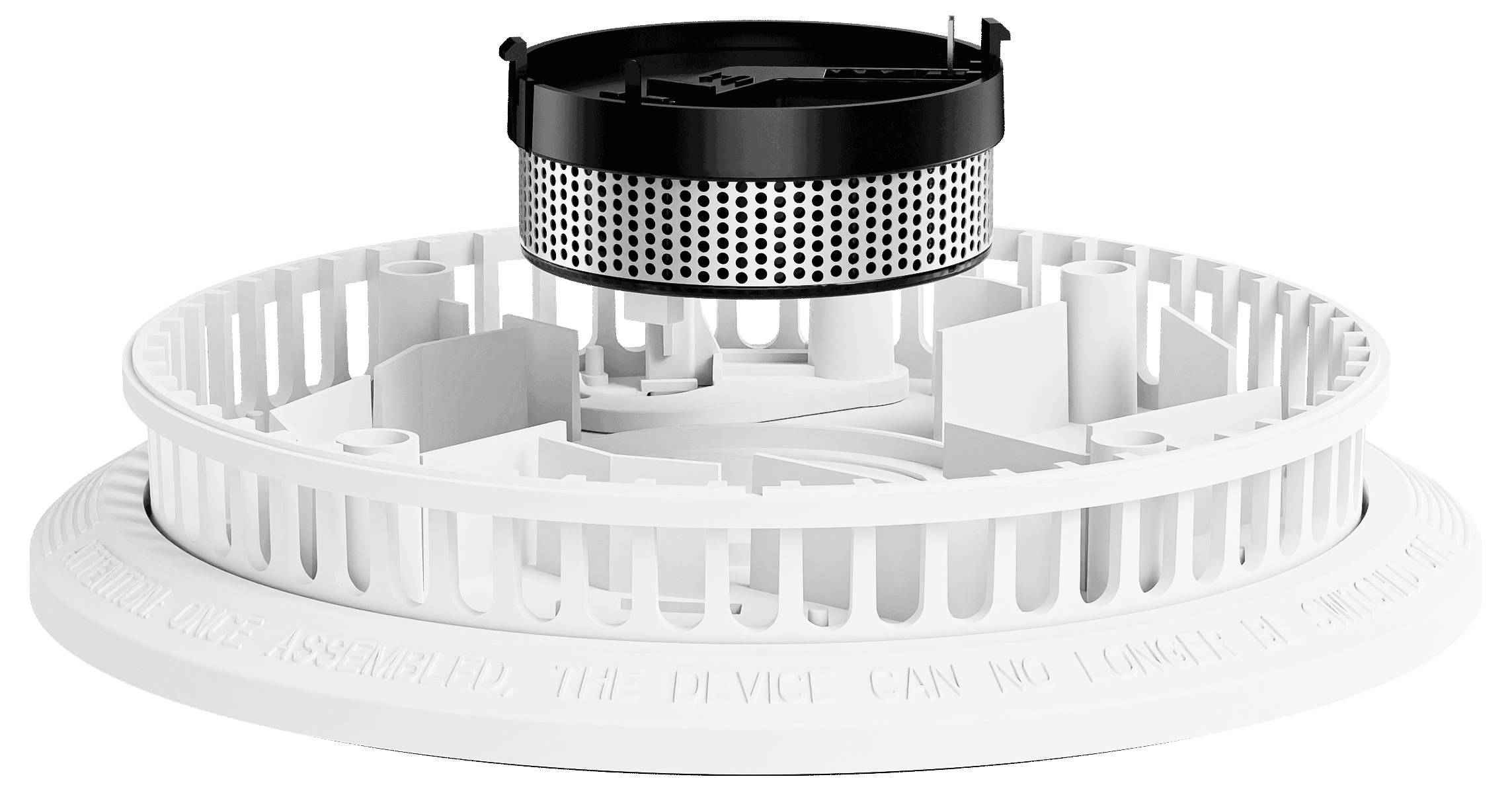 A smoke detector base with a circular design features a black and white component, possibly a removable chamber, for smoke sensing.
