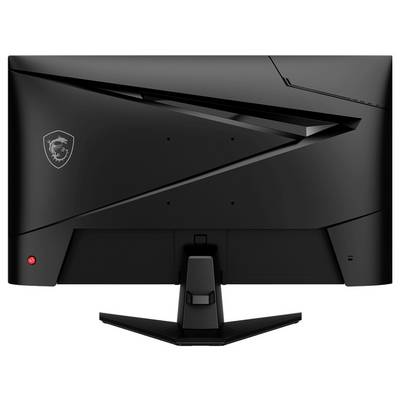 A black computer monitor with a sleek, angular design and a logo on the top left corner, viewed from the back.