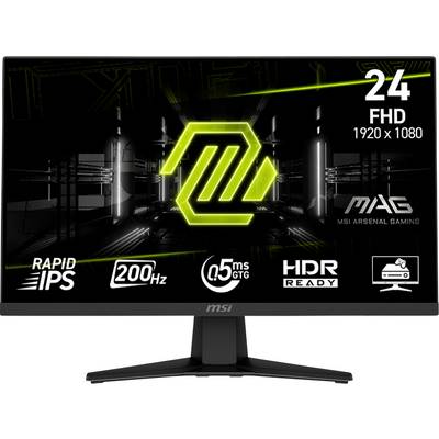 A 24-inch MSI gaming monitor with features like FHD 1920x1080 resolution, 200Hz refresh rate, 0.5ms response time, HDR Ready, and Rapid IPS.