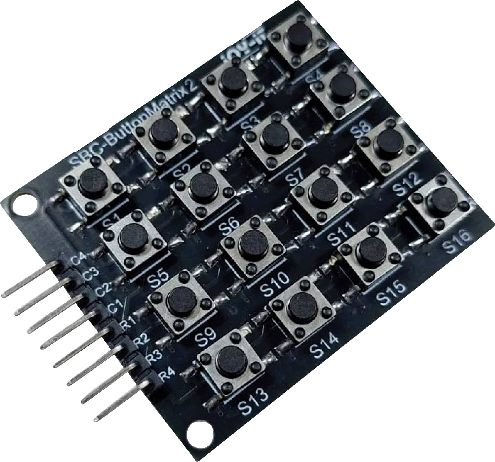 A small circuit board containing sixteen tactile push buttons, labeled S1 to S16, arranged in a 4x4 grid pattern.
