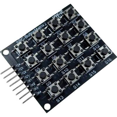 A small circuit board containing sixteen tactile push buttons, labeled S1 to S16, arranged in a 4x4 grid pattern.