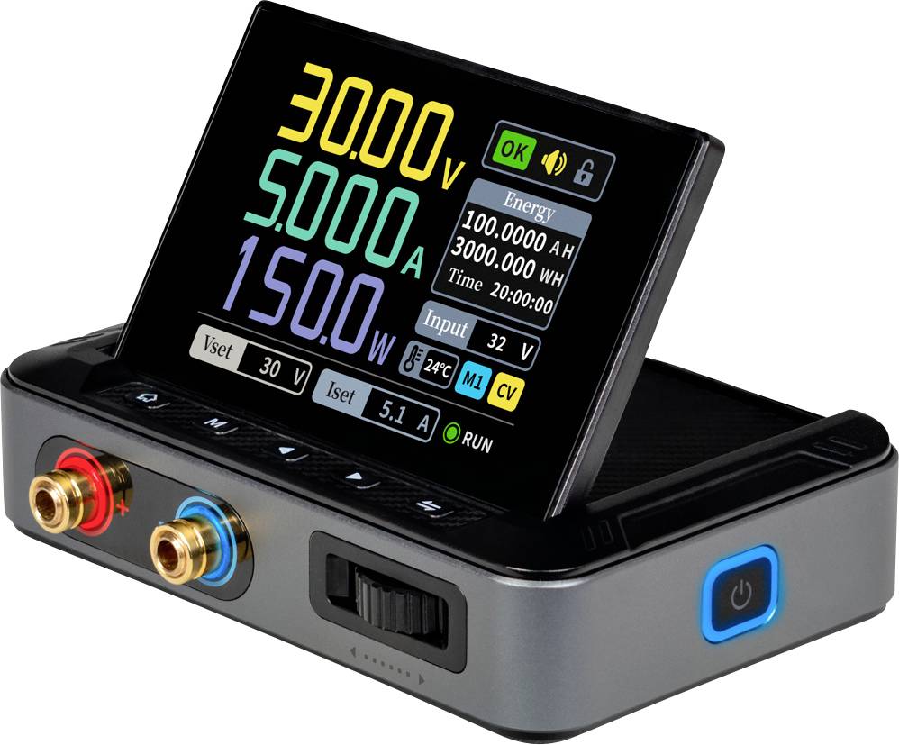 Digital display of a power supply unit showing: '30.00V, 5.00A, 150.0W'. Additional data reads 'Energy 100.000AH, 3000.00WH'. Input set at '32V'.