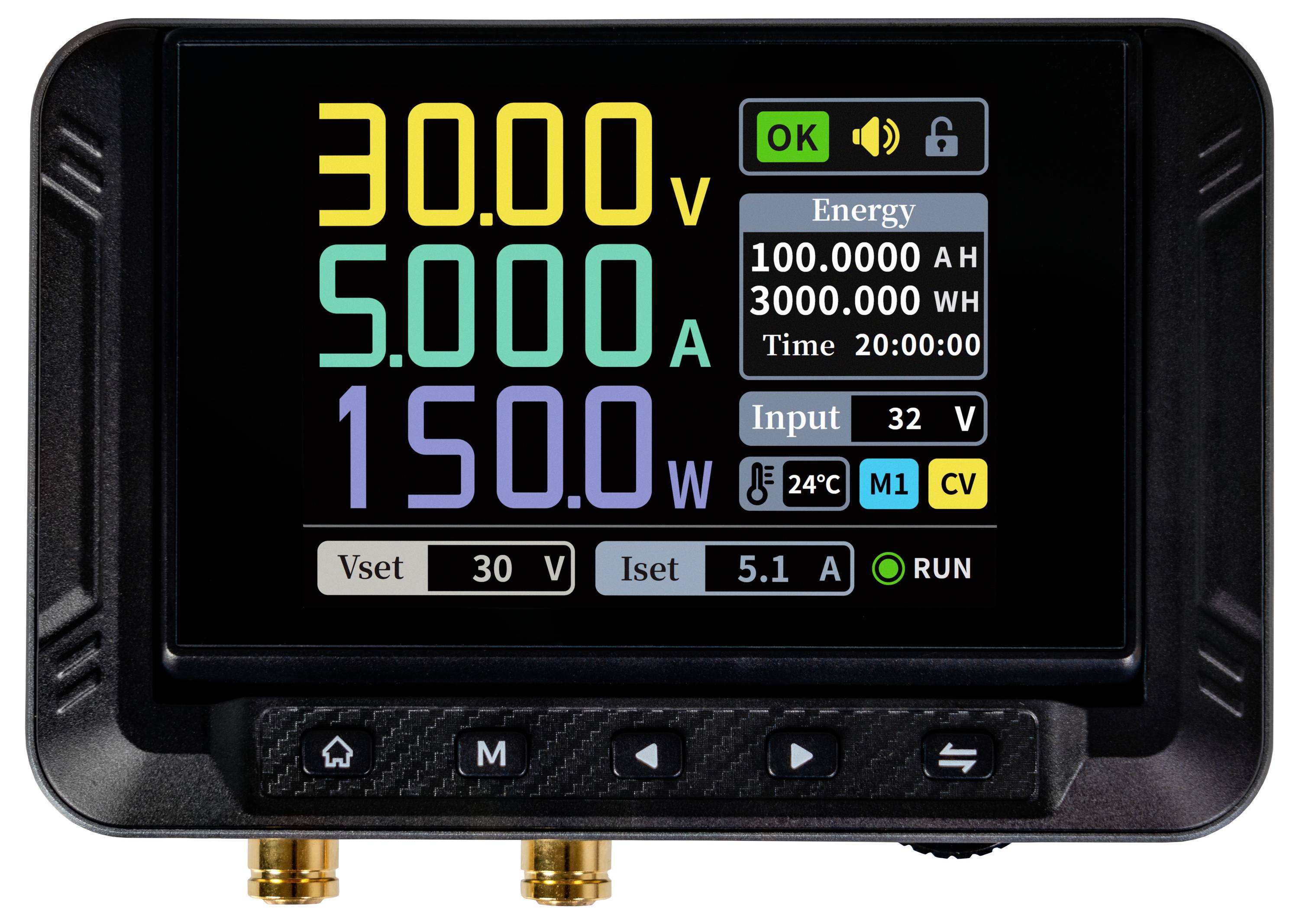 'Digital power supply interface displaying voltage: 30.00V, current: 5.00A, power: 150.0W. Energy: 100,000 A.H, time: 3,000.0W.'