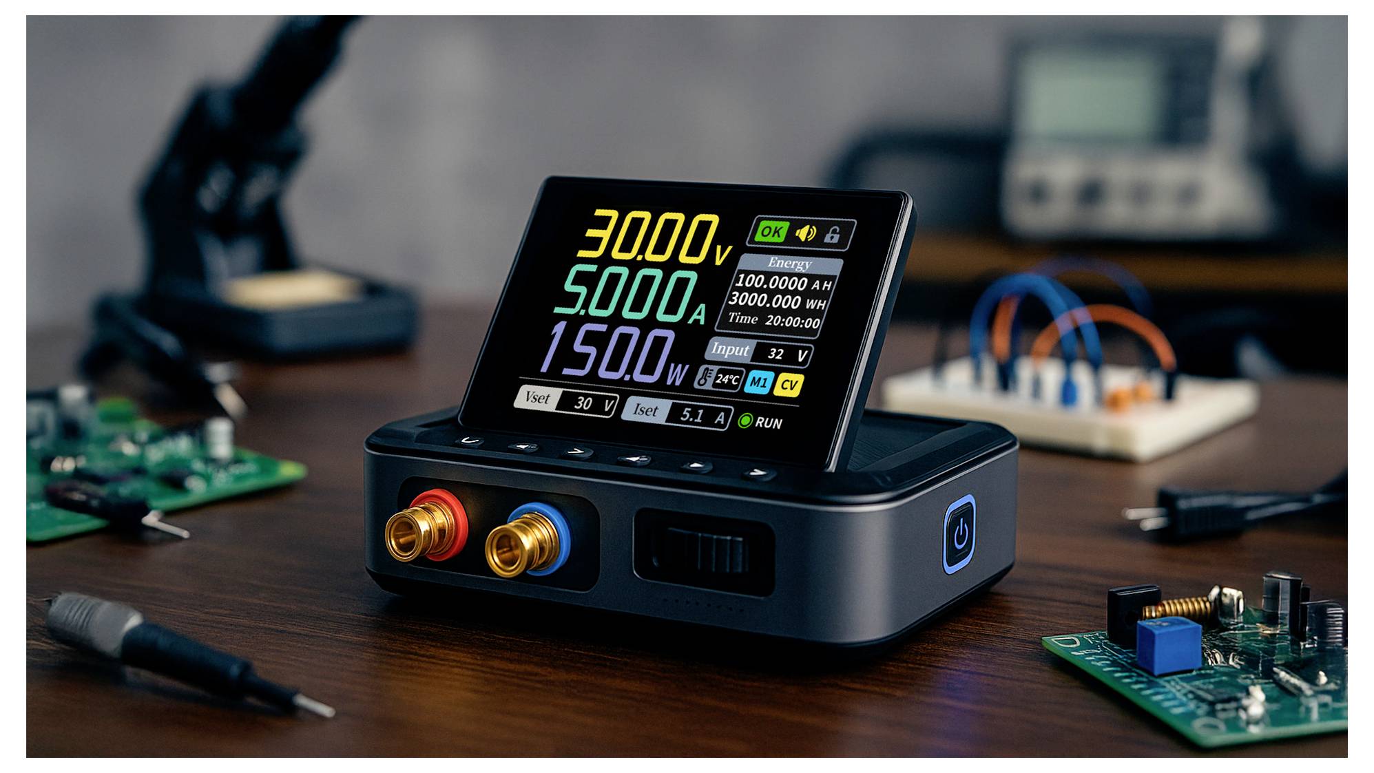 A digital power supply displaying voltage, current, and power readings sits on a wooden table surrounded by electronic circuit components.