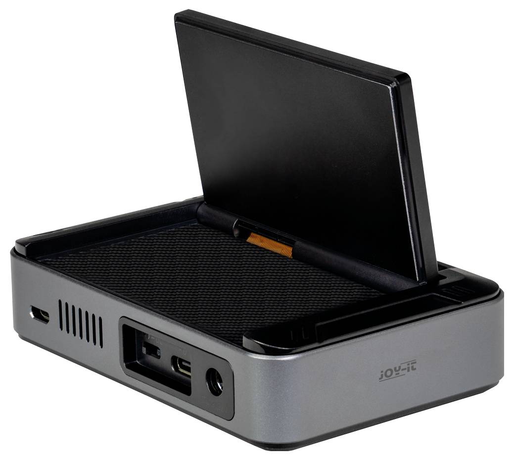 A compact, gray electronic device with a pivoting display panel, featuring various ports and ventilation grilles on its sides.