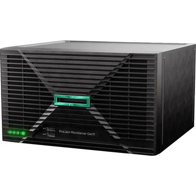 ProLiant MicroServer Gen11, a compact black desktop server with vented front panel and power indicator lights, suitable for small businesses.
