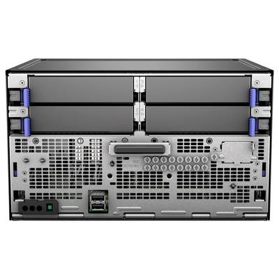 The image shows the rear view of a server chassis with multiple drive bays and various connection ports, including USB ports and power inputs.