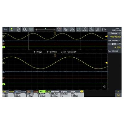 'Oscilloscope screen displaying sine waveforms on two channels. Top waveform shows frequency of 999.987 Hz; bottom, 11.75V peak.'