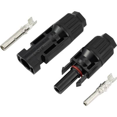 'MC4 solar connector components, including male and female connectors with metal pin contacts, used for connecting solar panels.'