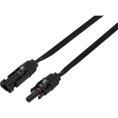 Two black solar panel connectors, one male and one female, are shown on a white background, illustrating their design and compatibility.