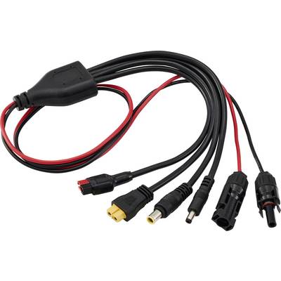 'A bundle of various black and red cables with different connectors, used for electronic connections and power supply.'
