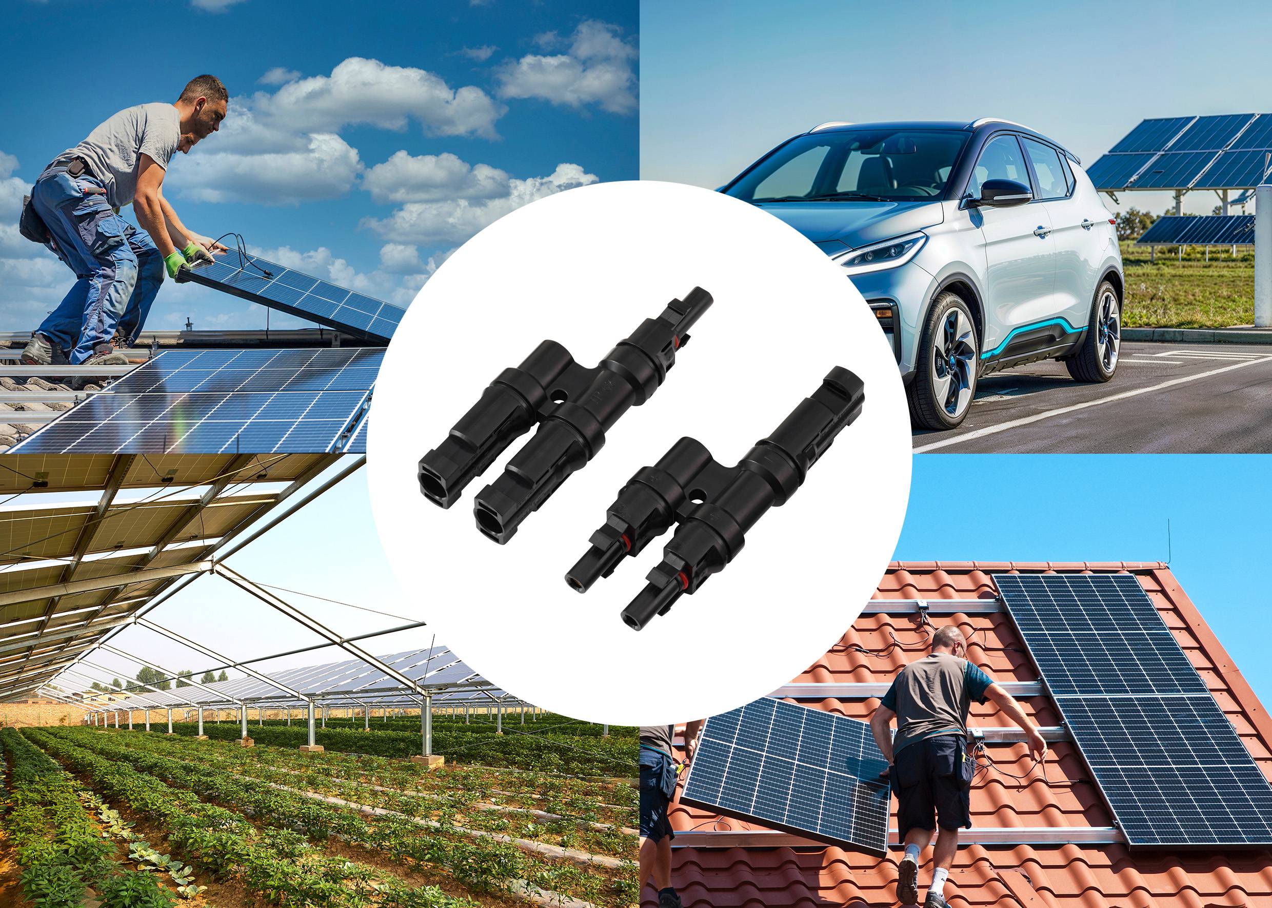 Solar panels setup on roof tiles and fields; car nearby, center shows connectors, illustrating solar energy installation components.