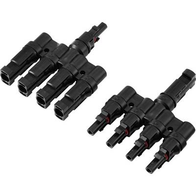 Two black MC4 solar panel connectors, one with three male ends and the other with three female ends, used for connecting solar panels.