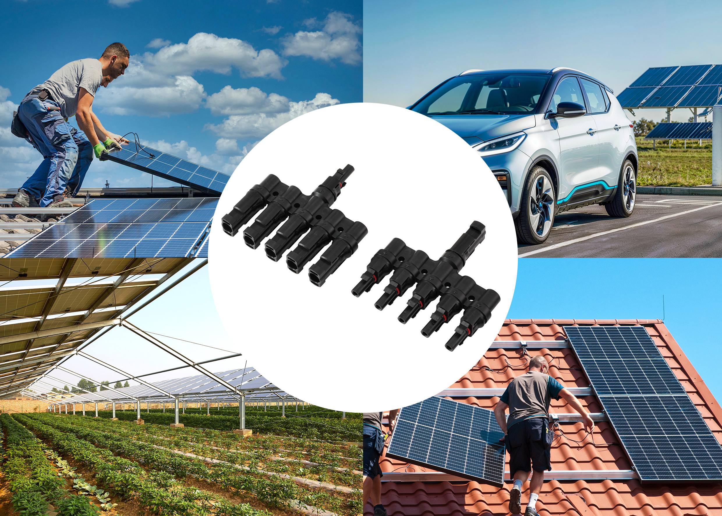 Workers install solar panels on roofs and ground; connectors shown centrally. Solar car park visible. Represents diverse solar applications.
