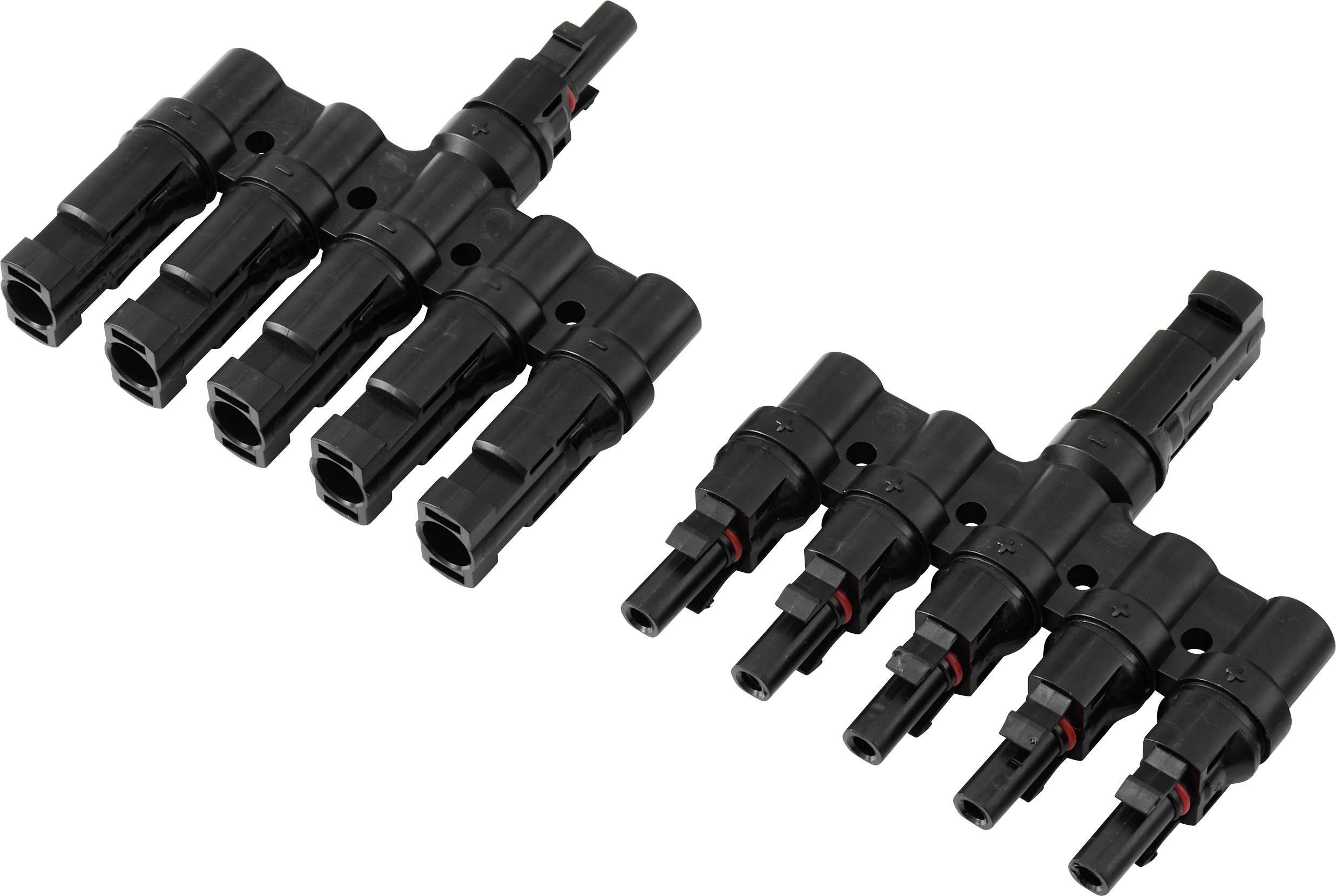 Two sets of black MC4 solar connectors with multiple ports for connecting solar panels, shown on a white background.