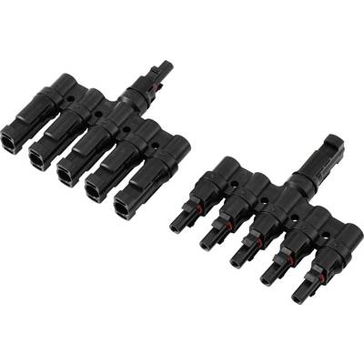 Two sets of black MC4 solar connectors with multiple ports for connecting solar panels, shown on a white background.