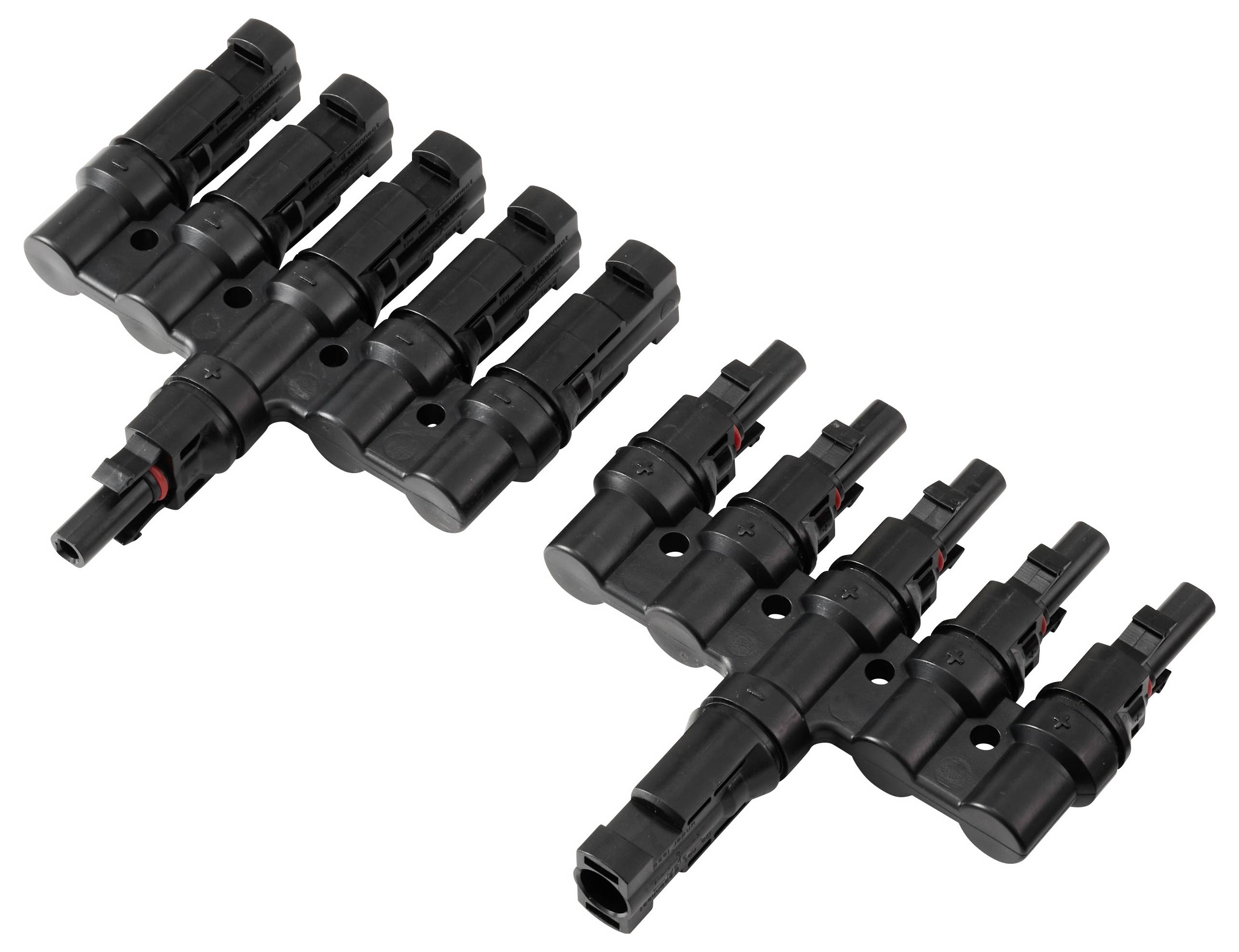 'MC4 connectors in parallel configuration for photovoltaic systems, showing two sets of Y-branch connectors used for solar panel wiring.'