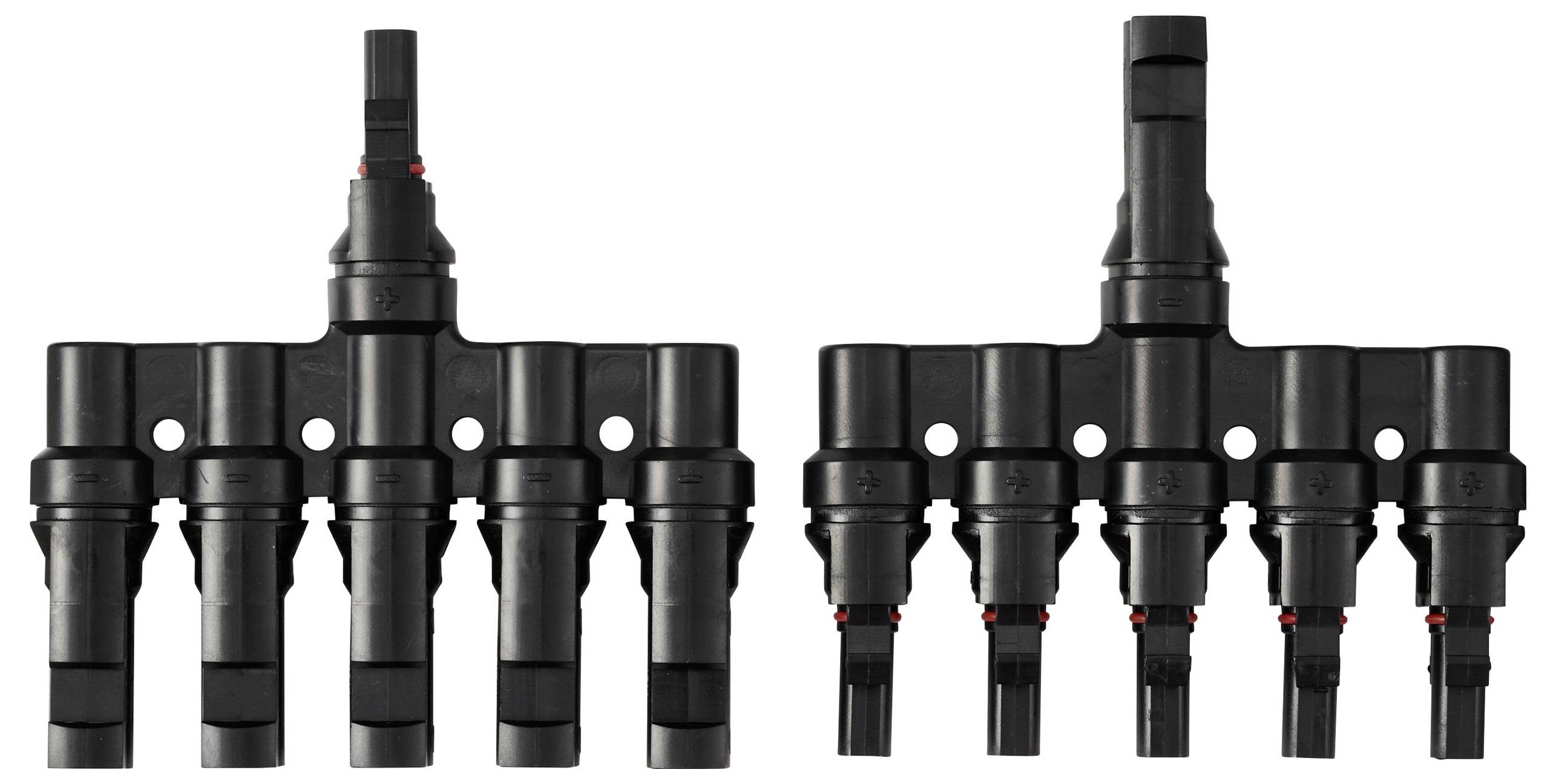 'Two black multi-branch electrical connectors with multiple input/output points, used for parallel connections in photovoltaic systems.'