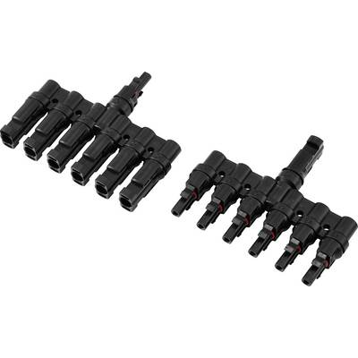 'Two black solar connector branch cables, one with three female to one male, and one with three male to one female, used for solar panel connections.'