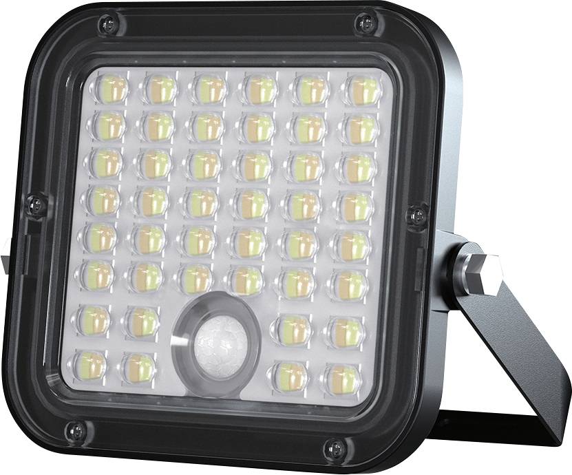 A square LED floodlight with 42 bright lights, mounted on an adjustable bracket, suitable for outdoor use.