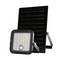 'Solar-powered LED floodlight with a motion sensor, positioned in front of a black solar panel, designed for outdoor lighting.'