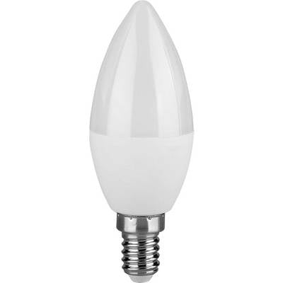 A white, elongated LED light bulb with a metallic screw base.