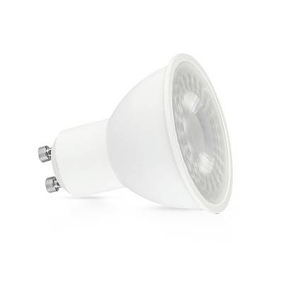 A white LED light bulb with a GU10 base is shown, angled slightly to highlight its round face and dual metal connectors.