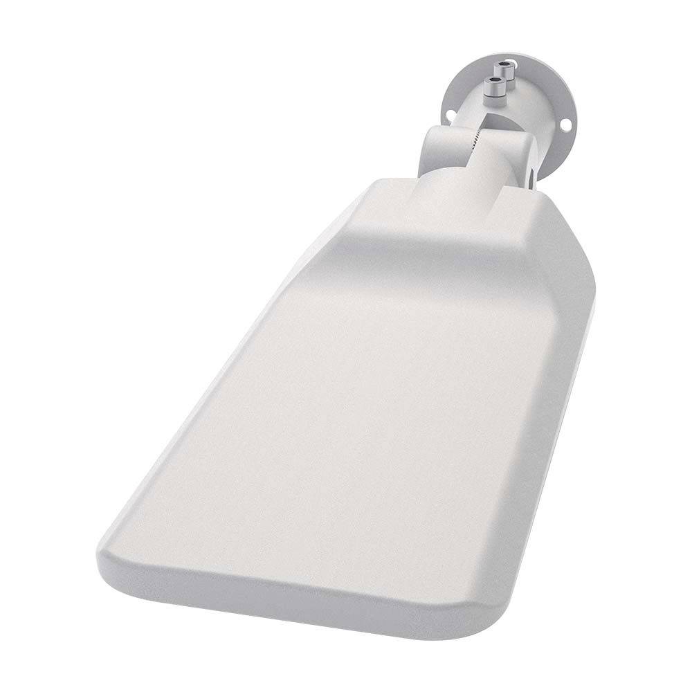 A white, rectangular satellite dish mount with an extended arm for attachment to walls or poles, viewed from the side.