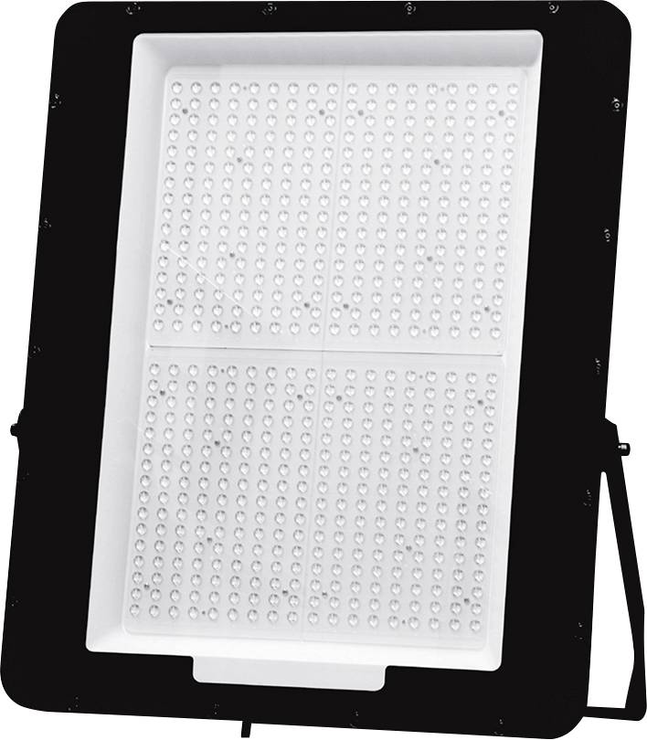 A rectangular LED light panel with a black frame, featuring a grid of numerous small bulbs, mounted on a stand.