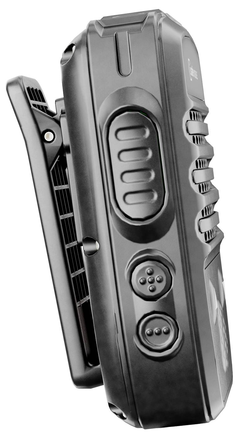 A black walkie-talkie shown from the side with visible buttons and a clip attachment.