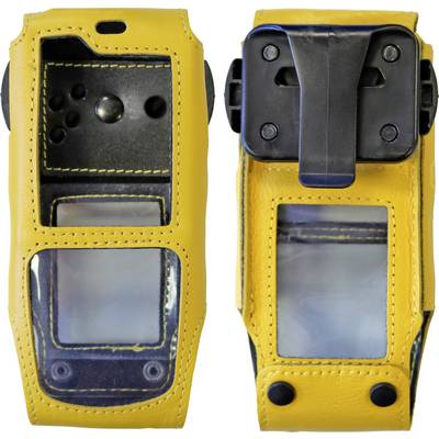 Two views of a yellow protective case for a handheld device, featuring transparent windows and a black clip on the back.