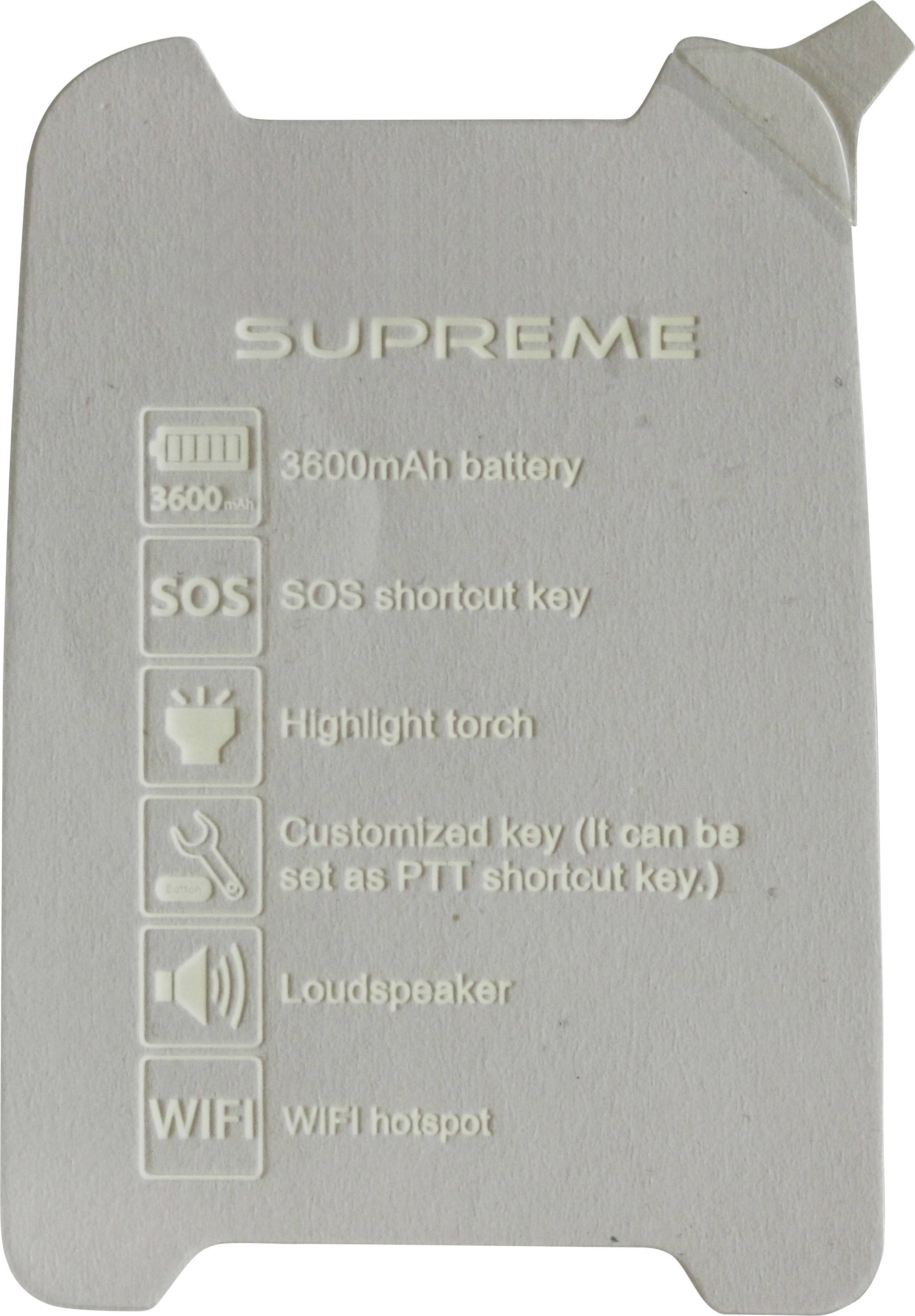 'SUPREME' label with icons and text: '3600mAh battery', 'SOS shortcut key', 'Highlight torch', 'Customized key', 'Loudspeaker', 'WIFI hotspot'.