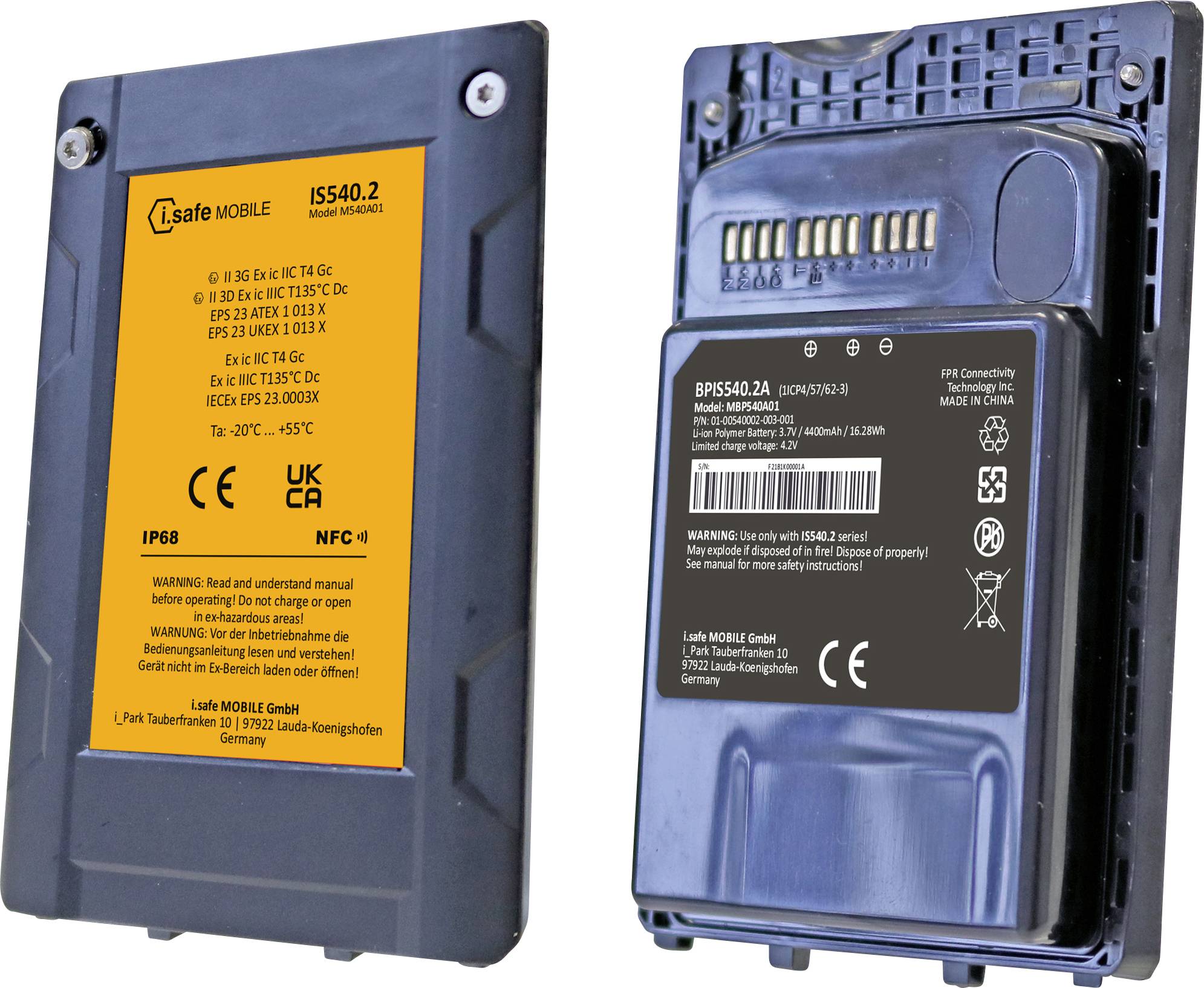 Two rugged mobile devices with visible labels, one displaying safety certifications and protection standards like IP68 and NFC compatibility.