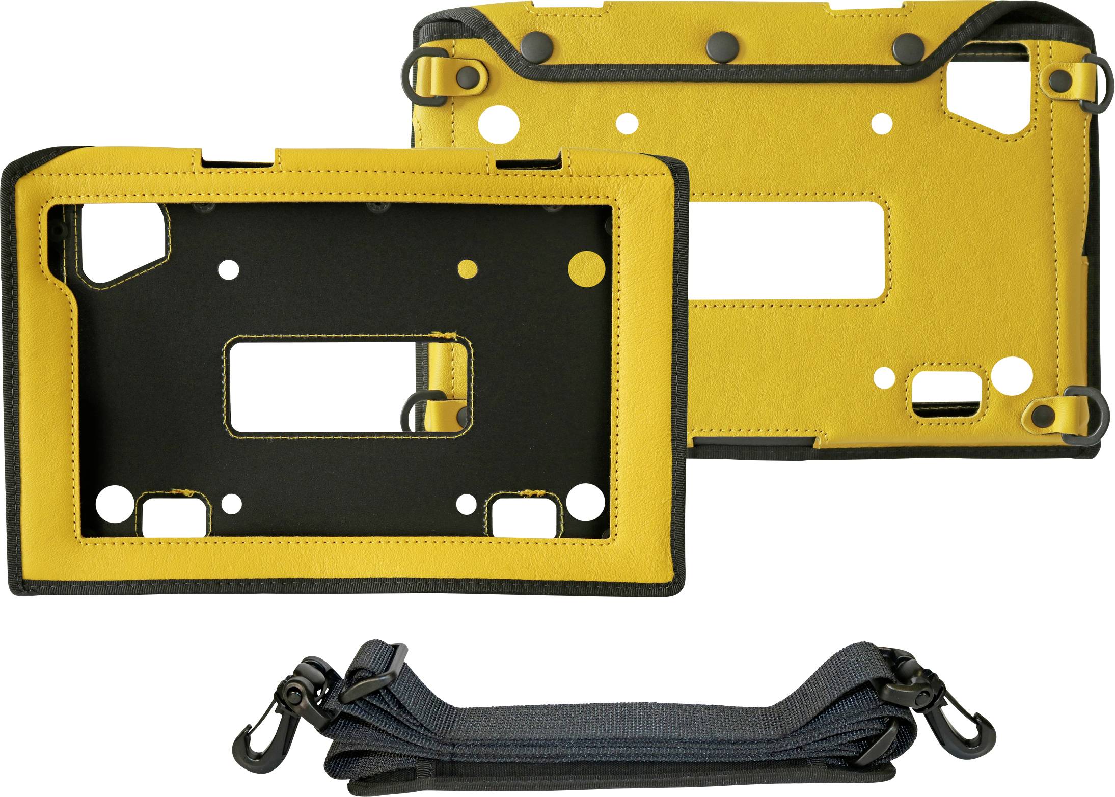 Yellow and black protective tablet cases with several cutouts, and an adjustable black shoulder strap below, used for easy carrying.