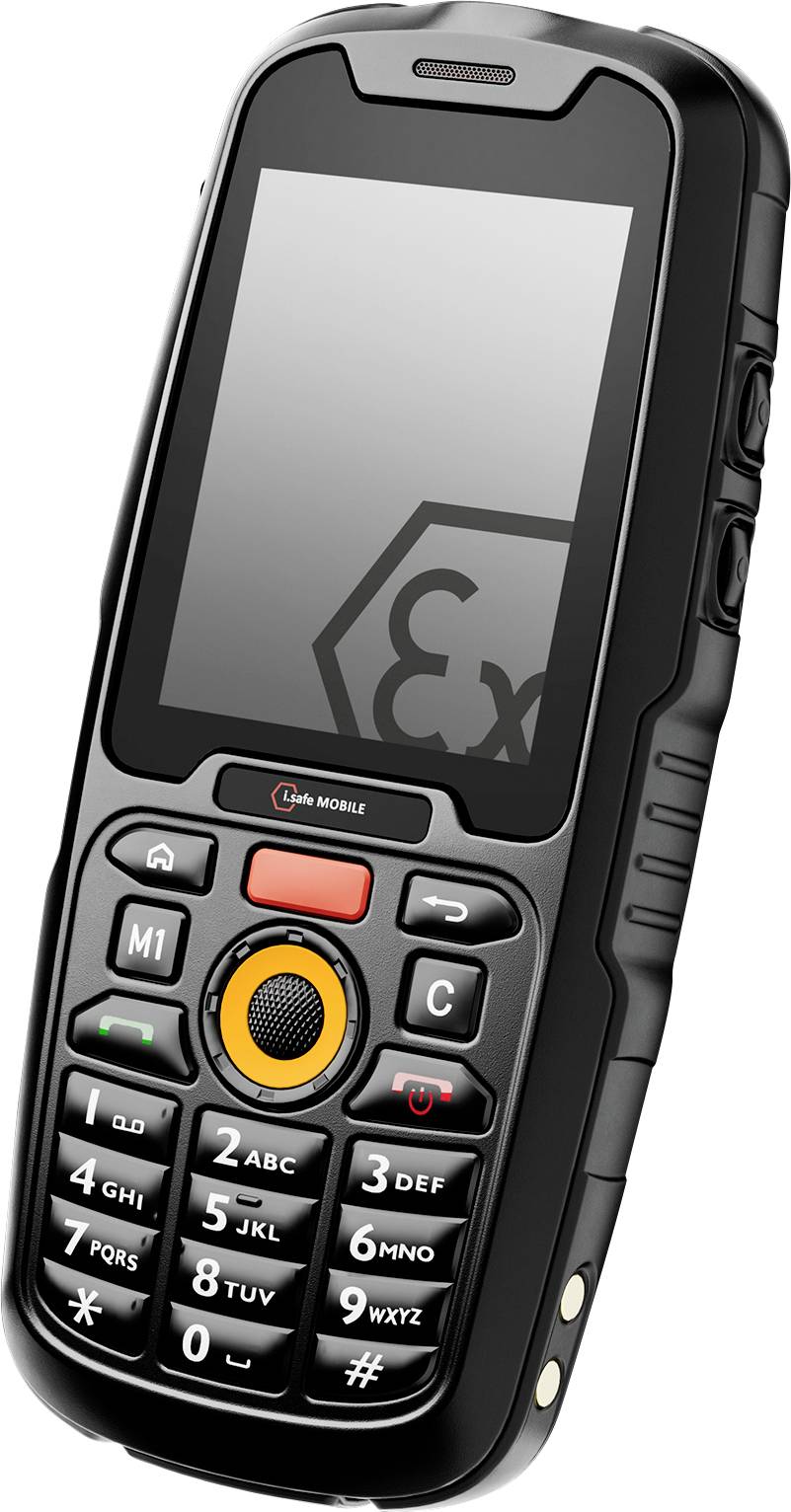 A rugged black mobile phone with a keypad, large buttons, and a small screen featuring an 'Ex' symbol, indicating a protective design for hazardous environments.