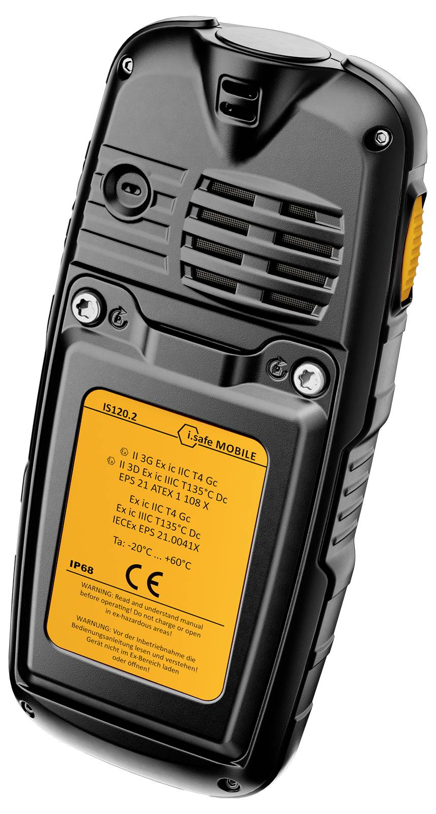 The image shows the back of a rugged mobile device with a yellow label detailing technical specifications and certifications including IECEx and IP68.