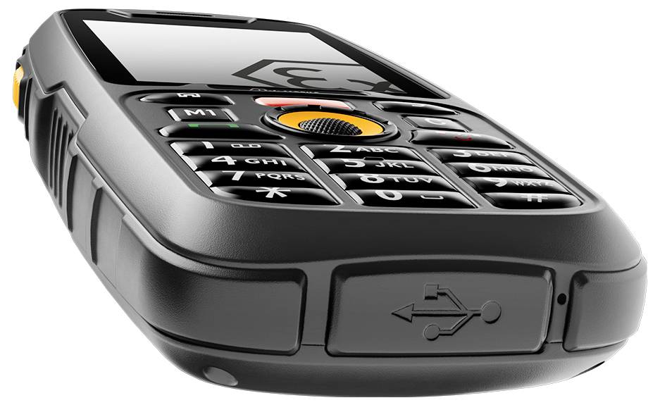 A close-up of a rugged, black mobile phone featuring a numeric keypad and a USB charging port, designed for durability and easy use.