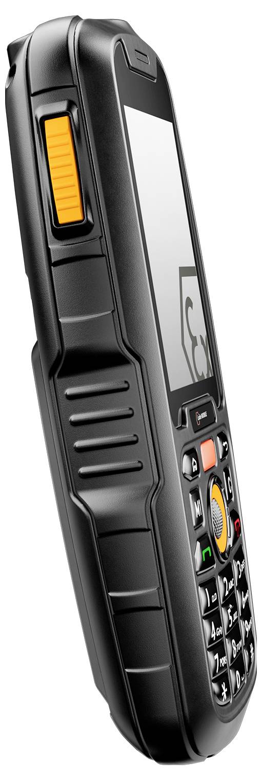 A rugged black mobile phone with an orange side button and physical keypad, designed for durability and tough environments.