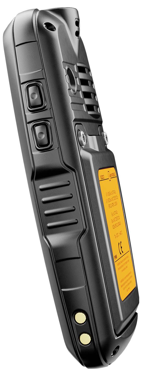 A rugged, black handheld device with yellow panel and multiple buttons on the side, showcasing durable, industrial design.